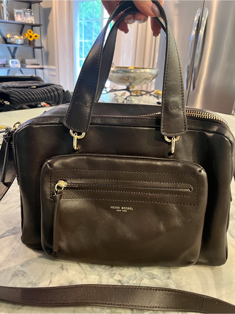 Henri Bendel Authentic Dark Brown Leather Satchel with Front Zip Pocket